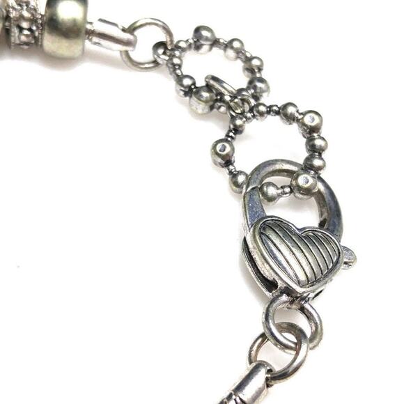 Beaded Silver Tone Rhinestone Snake Chain Bracelet, Heart Clasp, 8 1/2 Inches - Picture 7 of 8